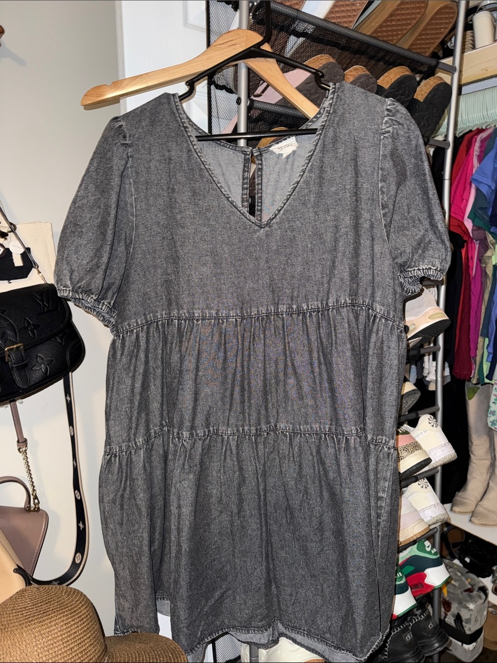 BiBi Washed Black Tiered V‑Neck Short Sleeve Dress